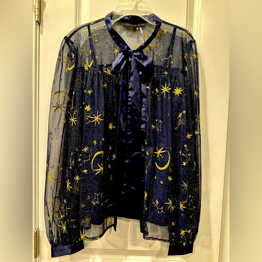 Endless Rose Moon & Stars sheer top over Navy Cami, Size S
